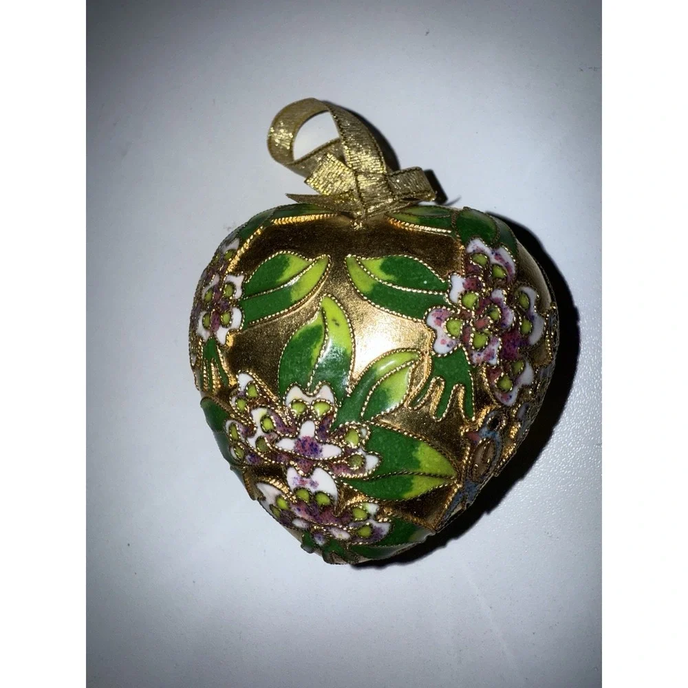 Cloisonné Puffy Heart‎ Shaped Ornament Double Sided Gold Green P